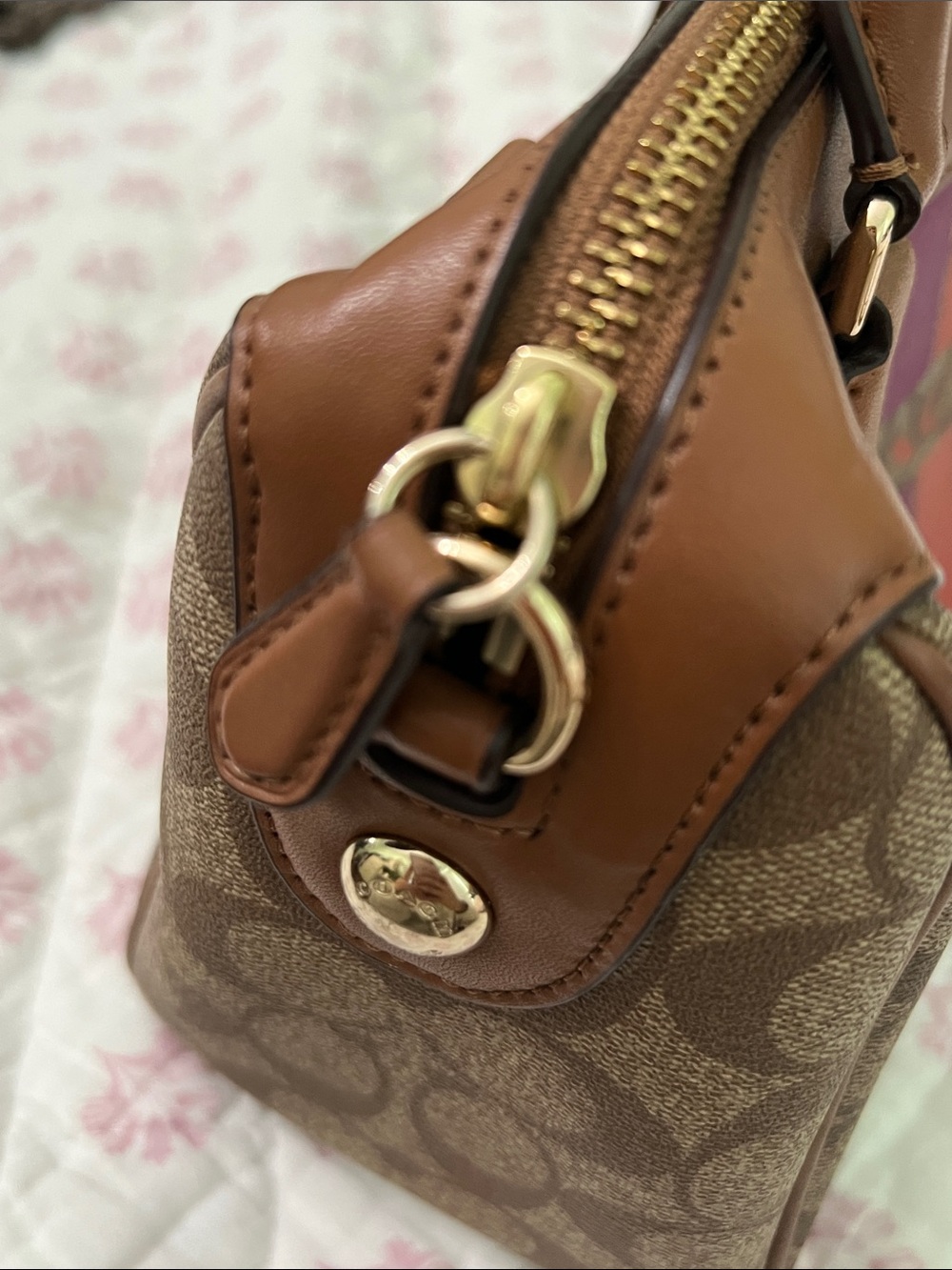 Coach Brown Signature Purse with Red & Pink Center Stripes - Picture 5 of 8